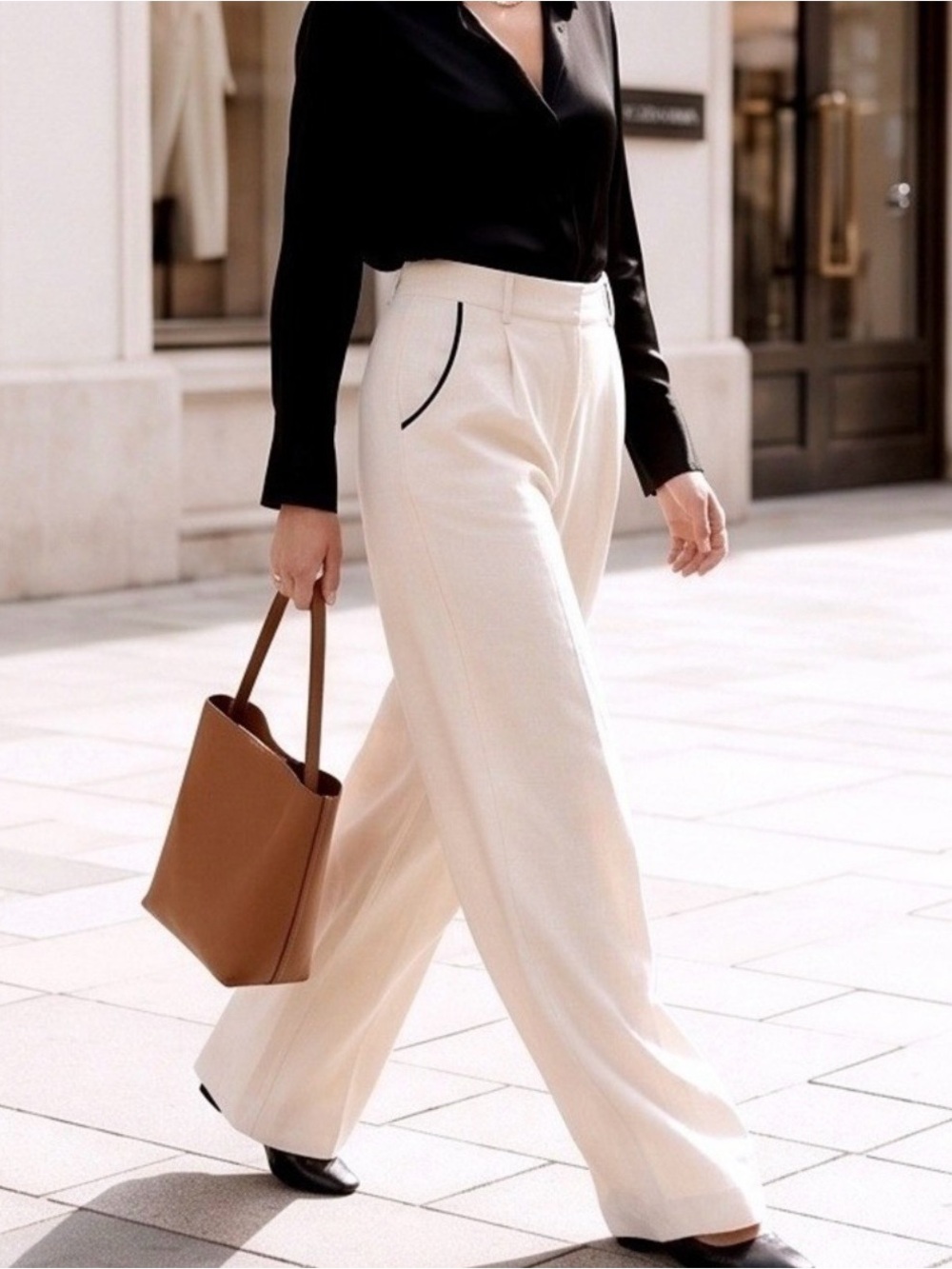 Tahari Cream Wide-Leg Trousers with Black Trim Linen High waist Pants Sz S EUC